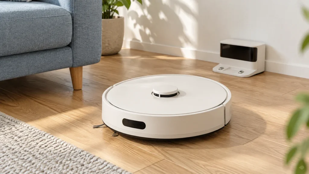 家具の間の床に置いた無銘のロボット掃除機と充電台のイメージ