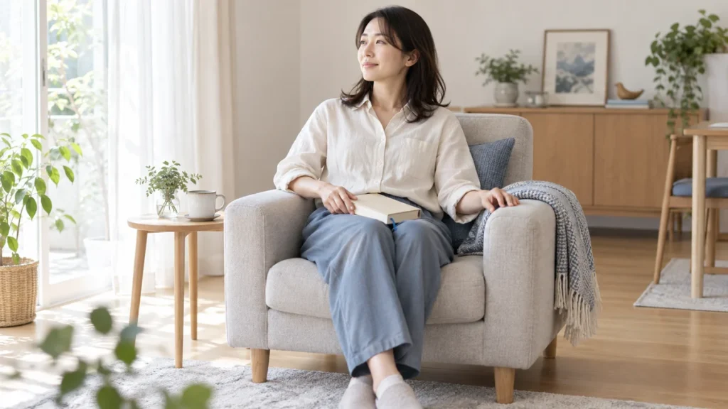 しおりを挟んだ本を膝に置き、椅子でくつろぐ人のイメージ