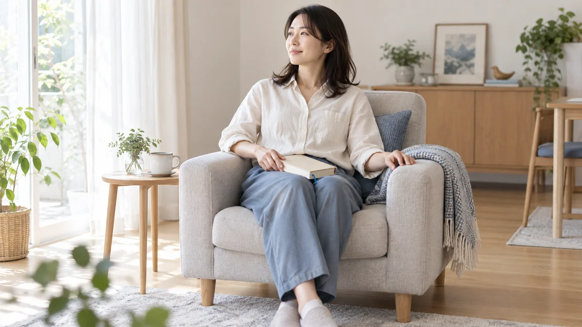 しおりを挟んだ本を膝に置き、椅子でくつろぐ人のイメージ