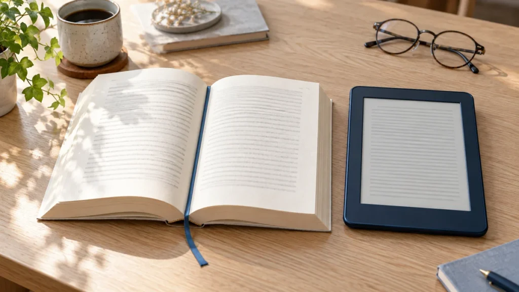 開いた紙の本と無銘の電子書籍端末を並べた使い分けのイメージ
