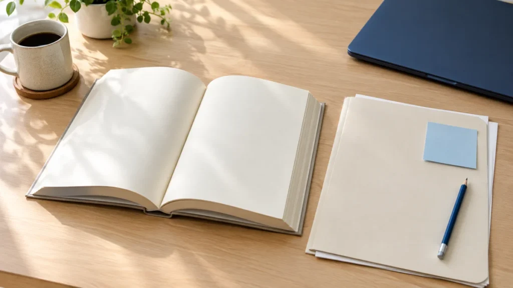 開いた本と付箋を貼ったフォルダーを仕事机に並べた、読後の活用を考えるイメージ