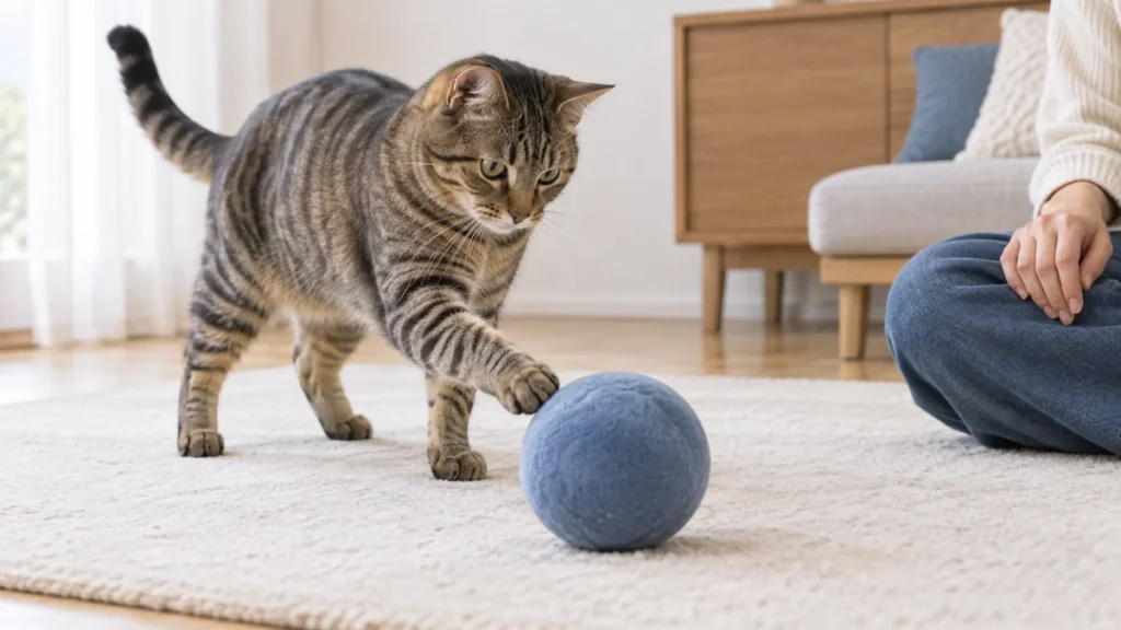 床の大きめのボールに前足を伸ばす猫と、そばで見守る人のイメージ