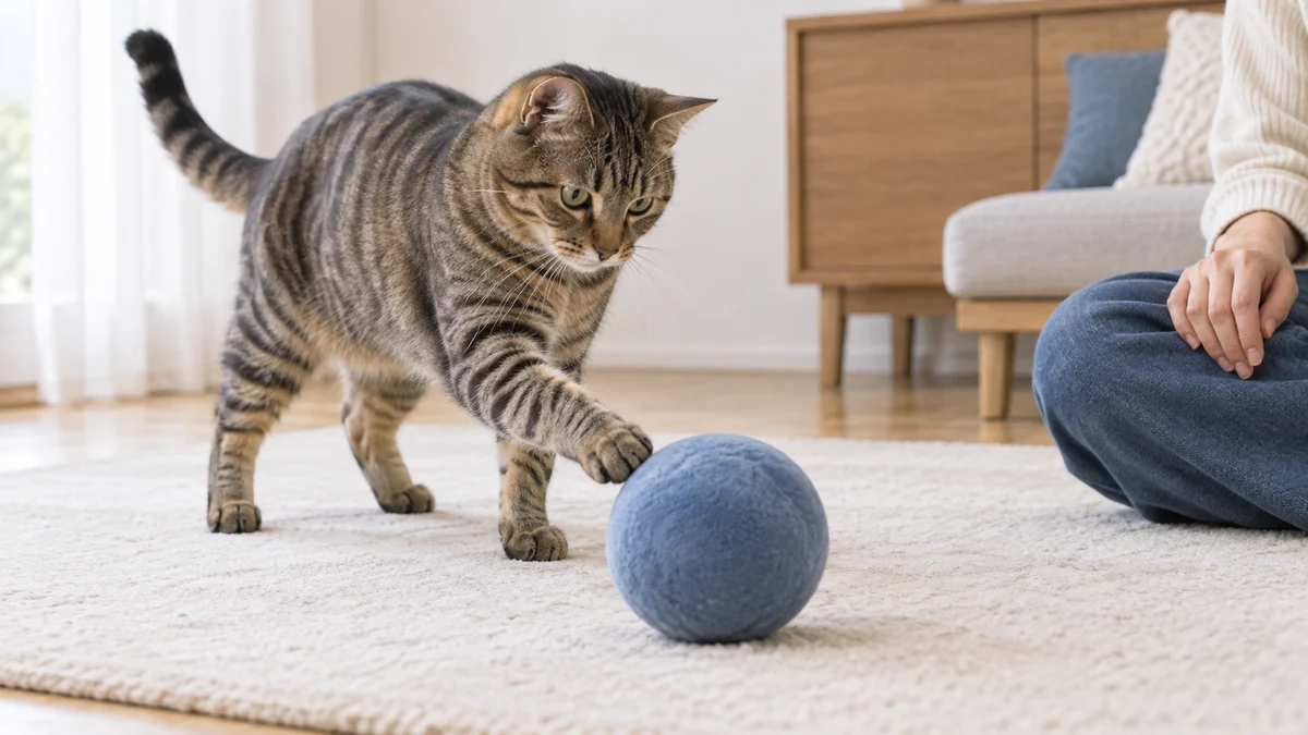 床の大きめのボールに前足を伸ばす猫と、そばで見守る人のイメージ