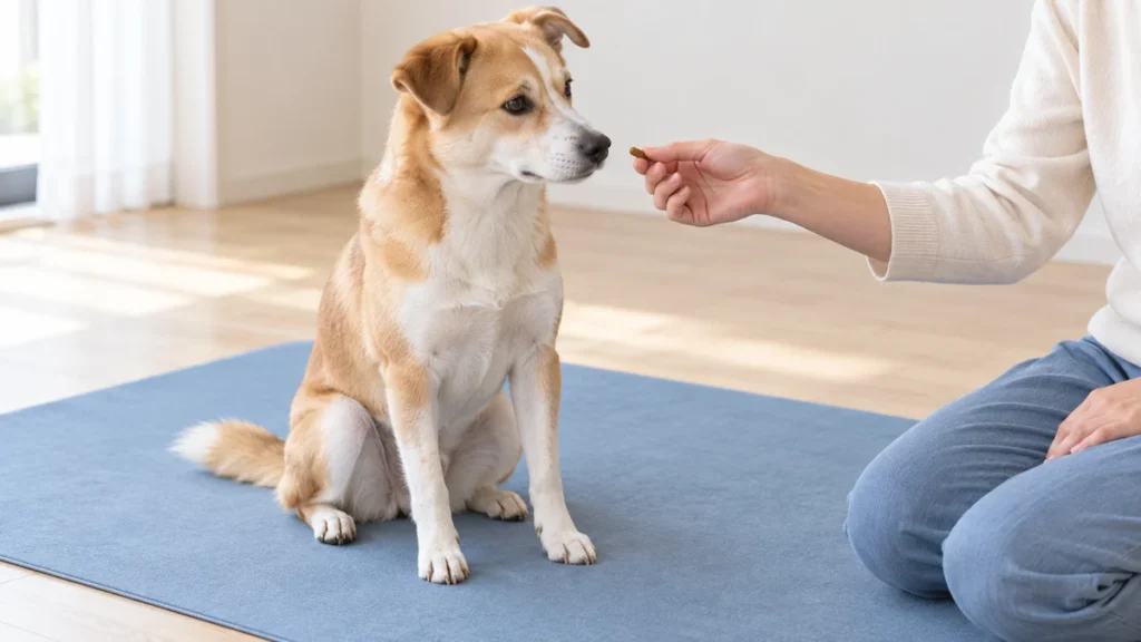 青いマットに座った犬へ、小さなごほうびを差し出す人のイメージ