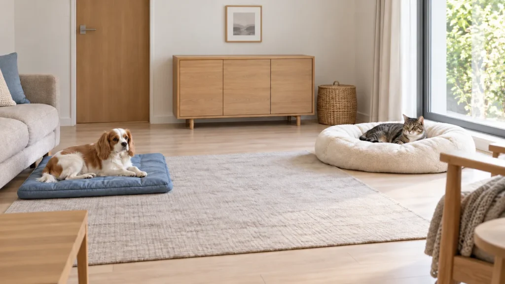 犬と猫の休む場所を分け、床と収納を整えた部屋のイメージ