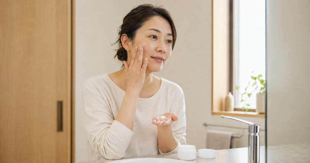洗面台で手に取った保湿剤を頬になじませる女性のイメージ