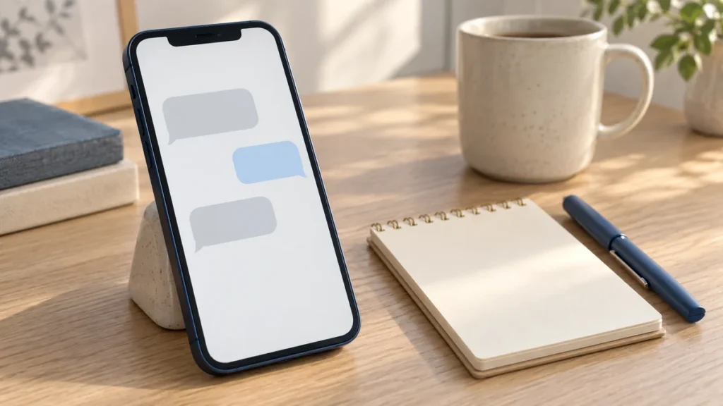 無銘のスマートフォンとメモ帳を置いた、メッセージを考える机のイメージ