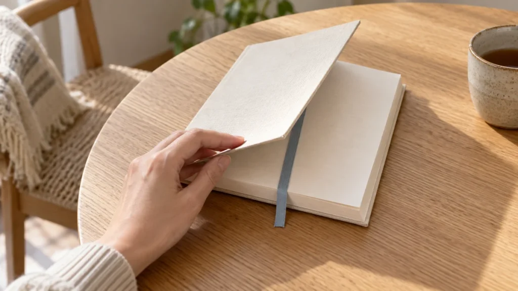しおりを挟んだ一冊の本を、机の上で開く手元のイメージ