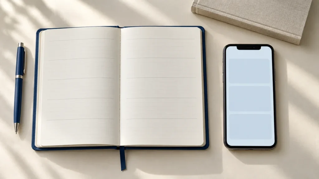 紙の読書ノートと無銘のスマートフォンを並べた記録方法のイメージ