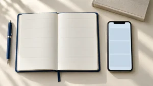 紙の読書ノートと無銘のスマートフォンを並べた記録方法のイメージ