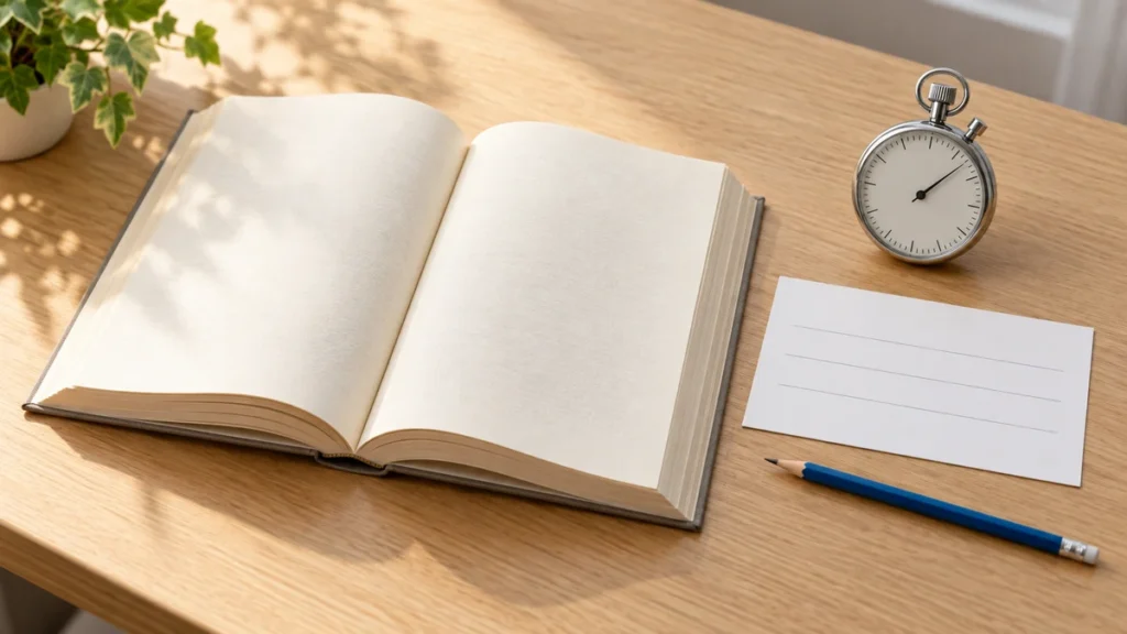 開いた本のそばに、ストップウォッチと記録用のカード、鉛筆を置いた読書練習のイメージ
