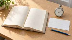 開いた本のそばに、ストップウォッチと記録用のカード、鉛筆を置いた読書練習のイメージ