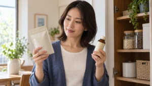 袋と小瓶を手に持って見比べる人のイメージ