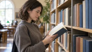 本棚のそばで一冊の本を開いて読む人のイメージ