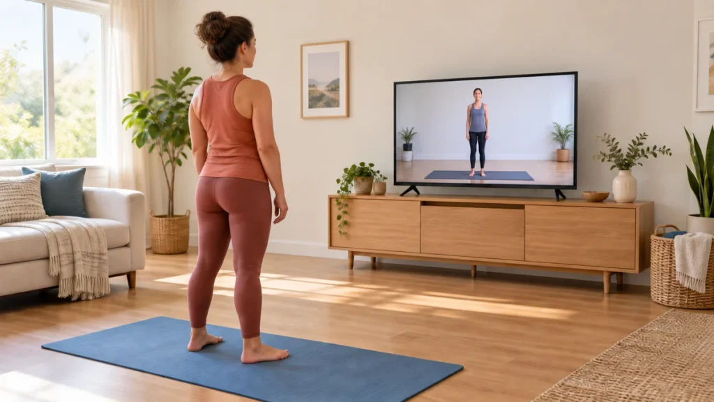 自宅のマットに立ち、運動着の人が映る画面を見る人のイメージ