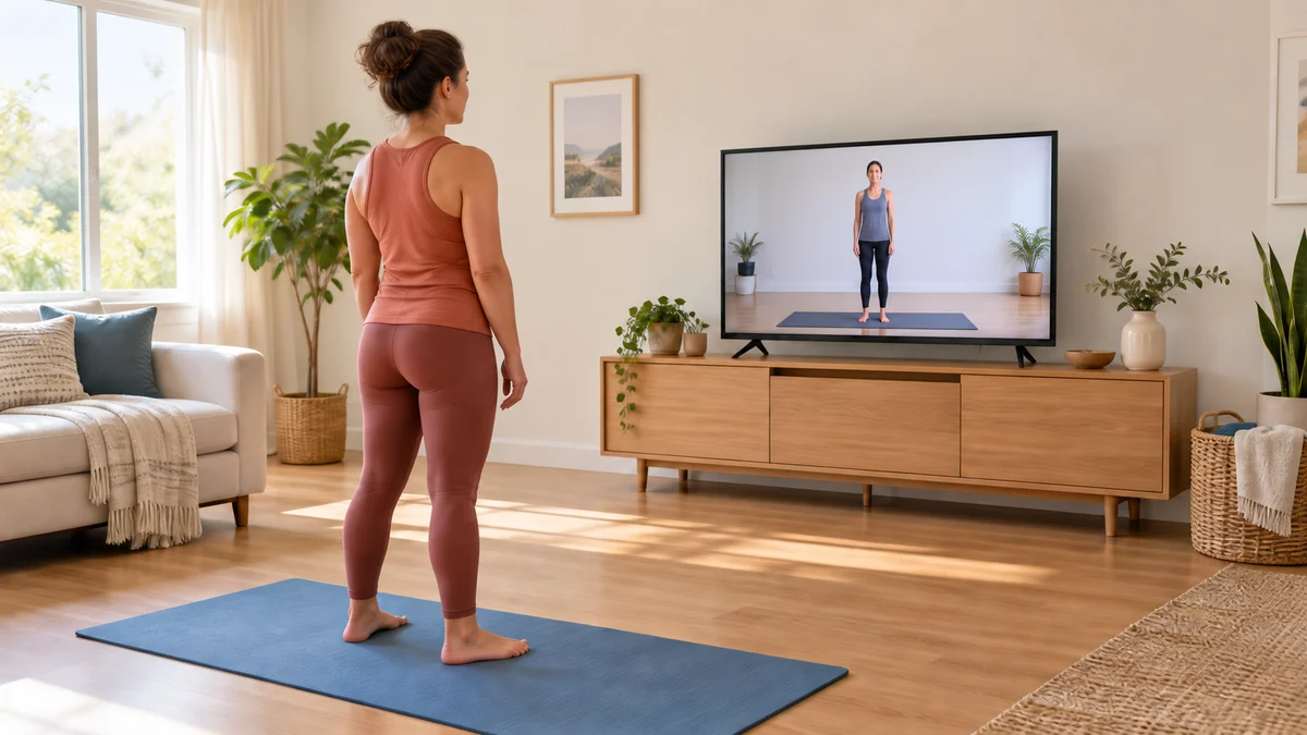 自宅のマットに立ち、運動着の人が映る画面を見る人のイメージ