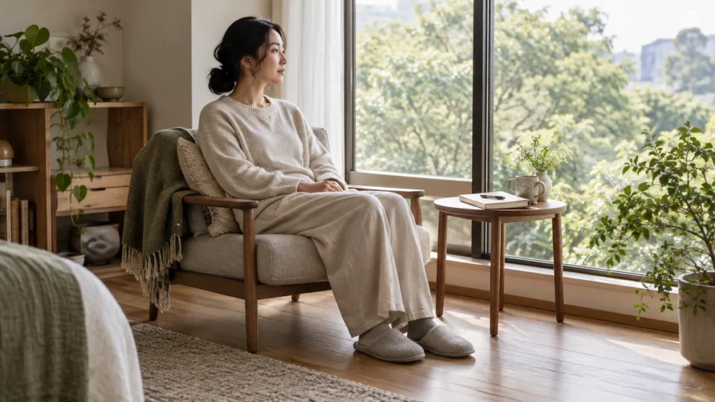 窓辺の椅子に座り、外の緑を眺める人と、横の机に置いたノートのイメージ