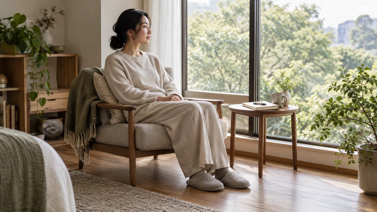 窓辺の椅子に座り、外の緑を眺める人と、横の机に置いたノートのイメージ