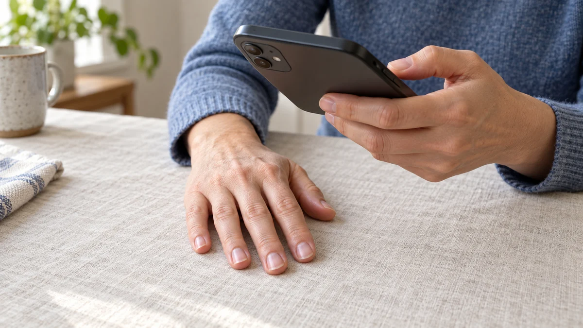 短い爪の手を布の上に置き、もう片方の手でスマートフォンを指先へ向けるイメージ