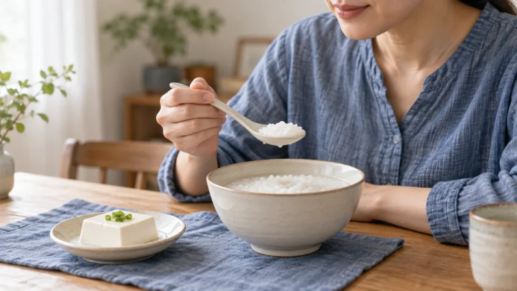 おかゆをスプーンですくう手と、小皿の豆腐のイメージ