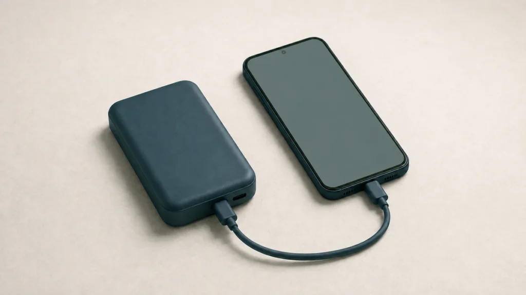 モバイルバッテリーとスマートフォンをケーブルでつないだイラスト