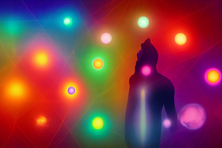 7つのチャクラのエネルギーポイントが光る瞑想する人のシルエット