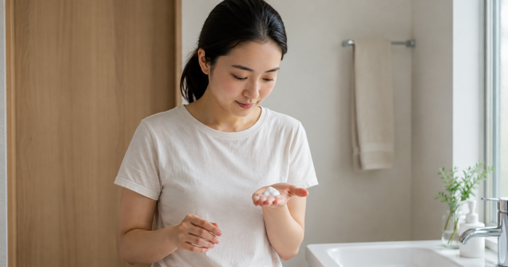 清潔な洗面所で、手のひらの洗顔泡を見ている女性