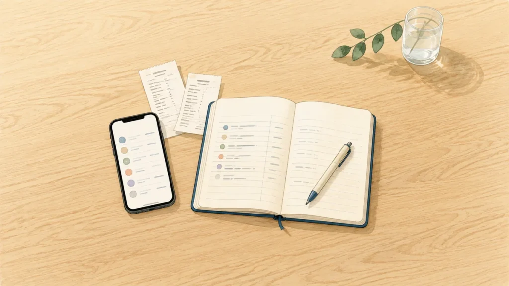スマートフォン、レシート、ノートとペンを並べた家計記録のイラスト