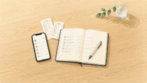 スマートフォン、レシート、ノートとペンを並べた家計記録のイラスト