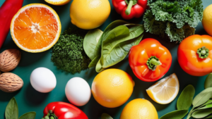 ビタミン豊富な柑橘類と野菜のフラットレイ
