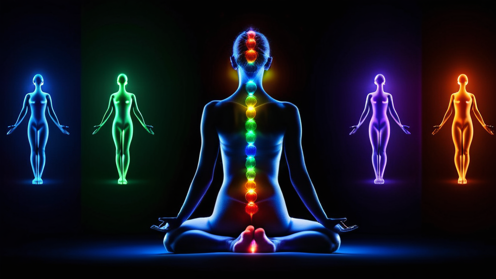 7つのチャクラが光る瞑想のシルエット