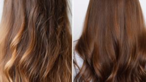 パサついた髪とサラツヤ髪の比較