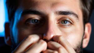 疲れた目を指で押さえる眼精疲労のイメージ