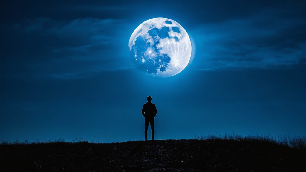 満月を見上げる人と月光
