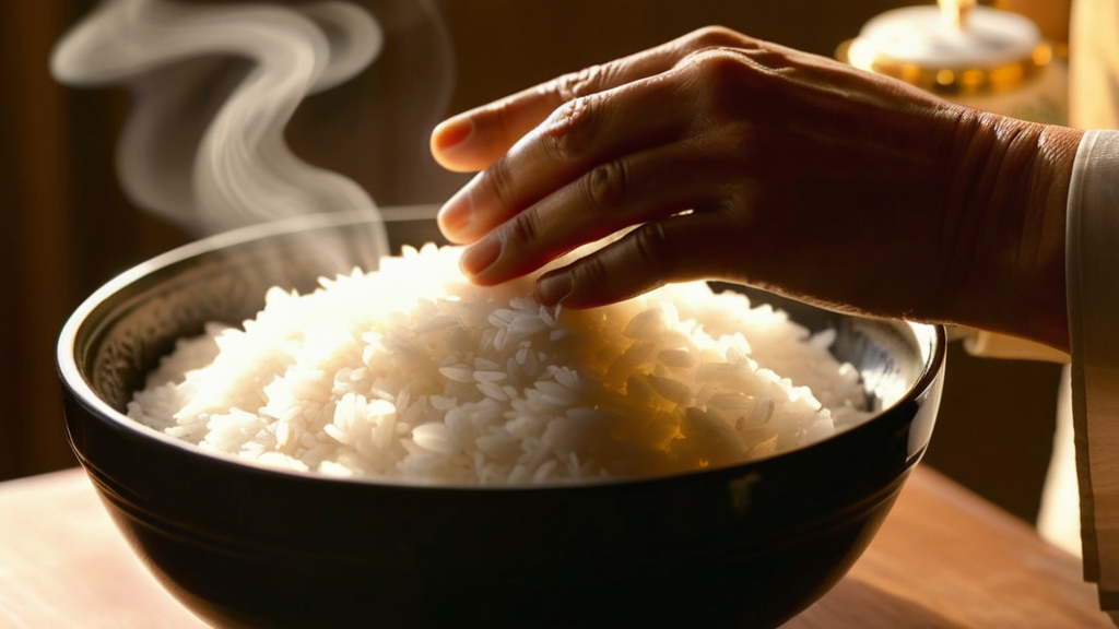 いただきますの合掌と温かいご飯