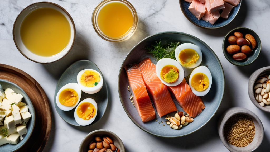 タンパク質豊富な食材のフラットレイ