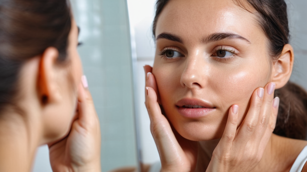 肌の状態を鏡で確認する女性