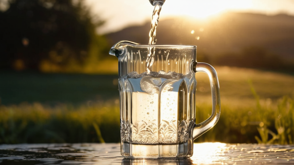 透明な水が注がれるグラスのクローズアップ