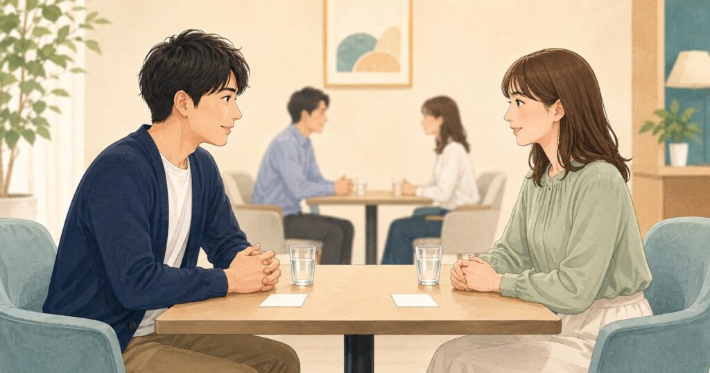 会場のテーブルで向かい合って話す男女のイラスト