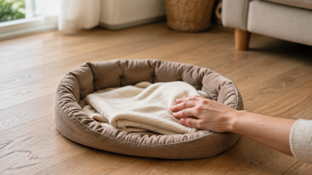 明るいリビングで、畳んだ毛布を置いた犬用ベッドに手を添えるイメージ