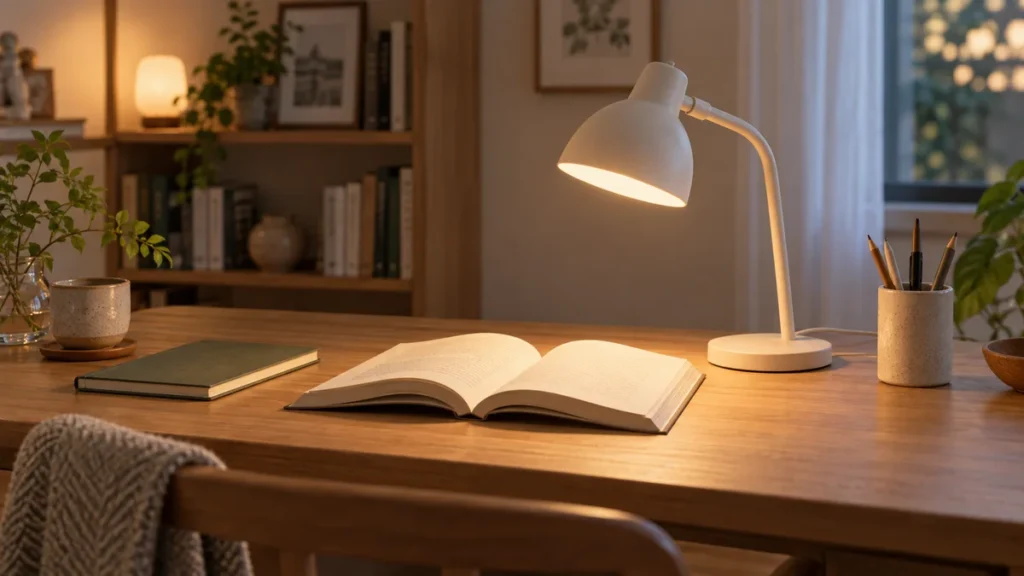 開いた本を照らす白い読書灯のイメージ