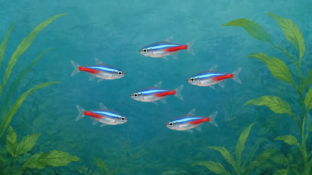 水草の間を泳ぐ6匹のネオンテトラを描いたイラスト