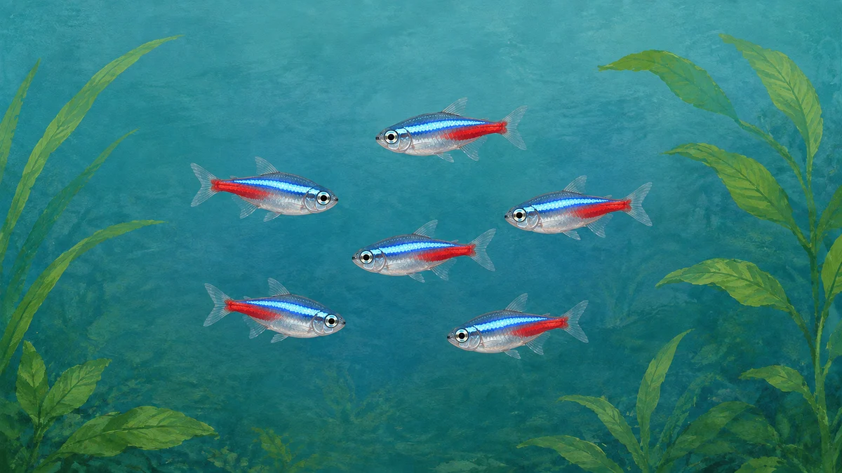 水草の間を泳ぐ6匹のネオンテトラを描いたイラスト