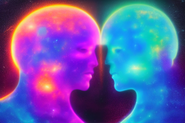 光のエネルギーで結ばれた2つの魂のシルエット ツインレイのイメージ