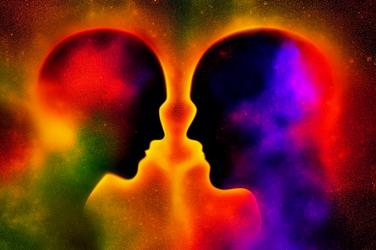 光のエネルギーで結ばれた2つの魂のシルエット ツインレイのイメージ