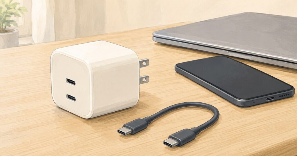 白いUSB-C充電器と、USB-Cケーブル、スマートフォン、閉じたノートPCのイラスト