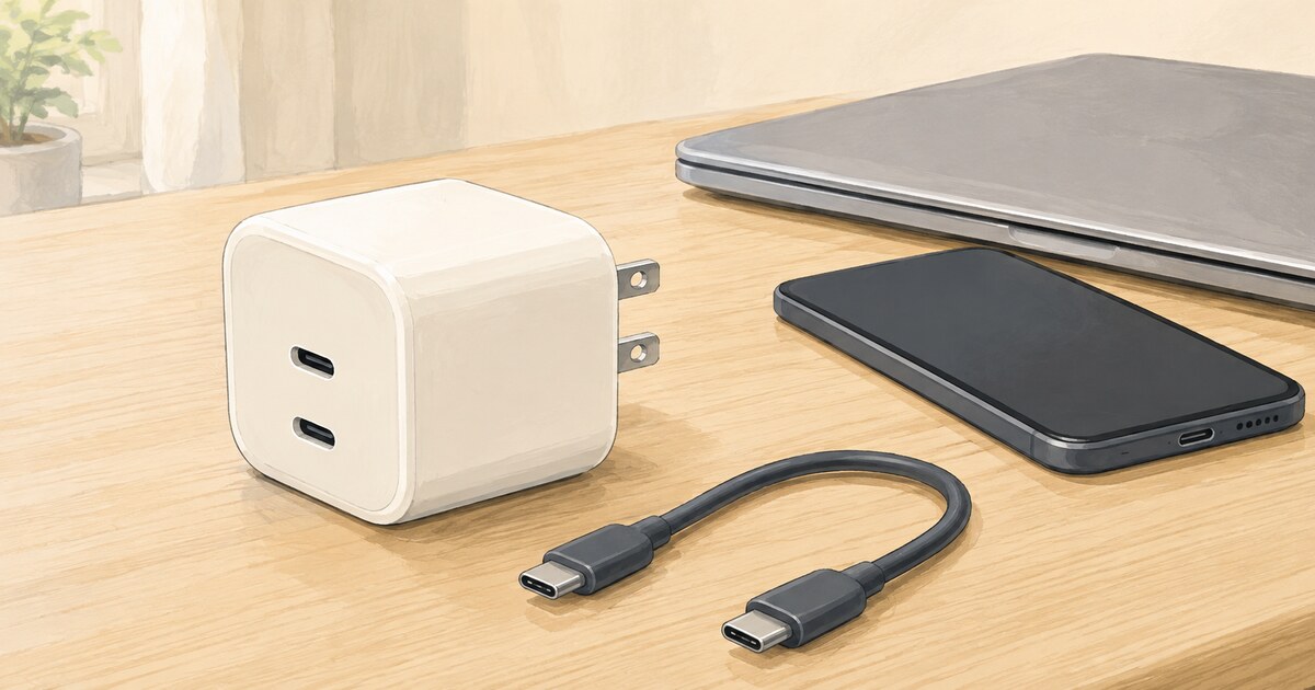 白いUSB-C充電器と、USB-Cケーブル、スマートフォン、閉じたノートPCのイラスト